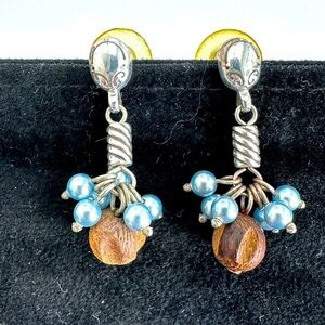 Brighton pierced earrings. Classic etched Silver bar with blue and wood beads